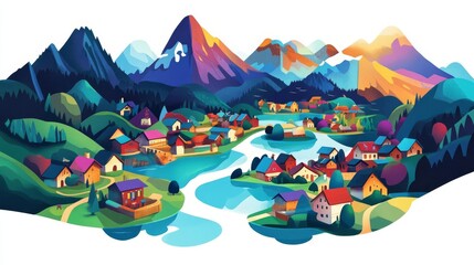 A vibrant illustrated landscape featuring colorful houses nestled between mountains and a winding river.