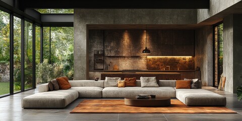 Elegant Interior: Modern Kitchen and Living Room with Lush Outdoor View, Sophisticated Design, and Natural Light