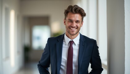 Fototapeta premium A charismatic young man in a tailored suit stands confidently in a modern office space, radiating positivity and professionalism. His warm smile and stylish appearance create an inviting atmosphere