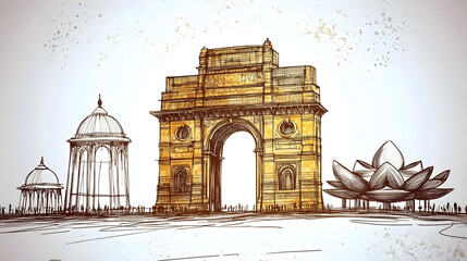 A drawing of a city with a large arch in the middle. Generated using AI.