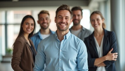 Obraz premium A charismatic group of diverse professionals stands together in a bright, contemporary office space, radiating positivity and teamwork. Their genuine smiles and relaxed postures create an inviting