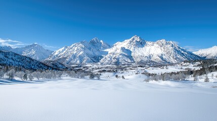 Obraz premium Snowy mountain range panorama. Vast expanse of snow-covered landscape, pristine peaks, clear blue sky