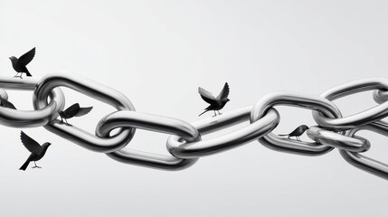 Obraz premium A symbolic representation of freedom with birds perched on a shiny metallic chain against a minimalistic background