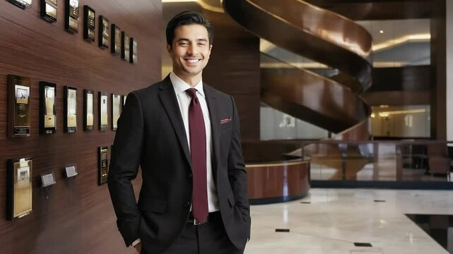 Confident young professional in suit smiles in elegant building lobby near staircase and awards