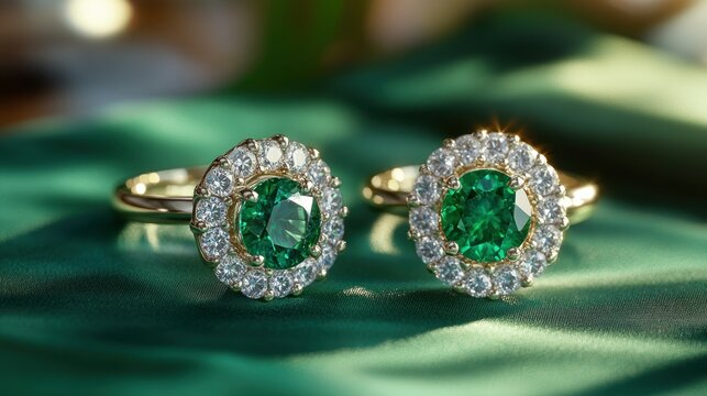 Elegant emerald and diamond rings on silk