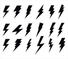 Collection of lighting bolt silhouette black white icon vector isolated on white background. power icon. energy symbol vector