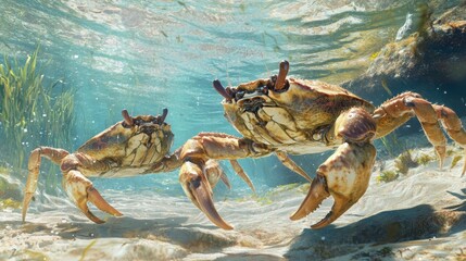 Two crabs explore the vibrant underwater world filled with sunlight and marine life.