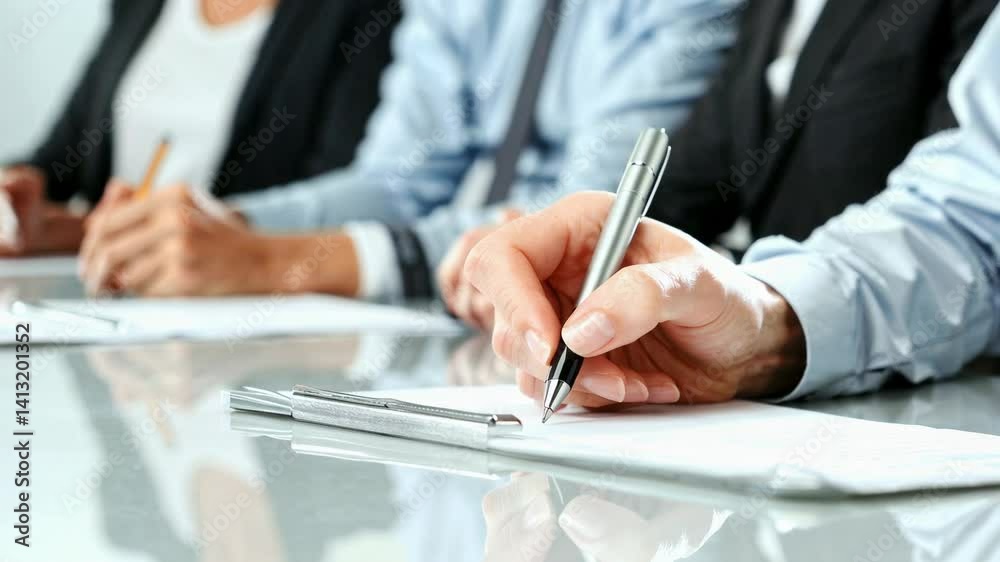 Poster professional businessman writing detailed notes on clipboard during collaborative meeting, capturing