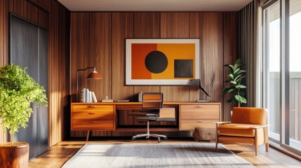 Mid-century modern study with iconic furniture pieces, bold wall art, and warm wood tones 