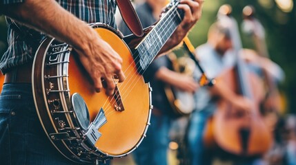 A lively bluegrass band featuring a banjo, fiddle, and double bass at an outdoor festival --ar 16:9 --v 6.1 Job ID: f004b945-dfa3-4035-8de3-367aee89ebc4