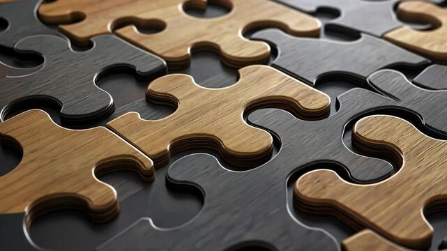 Close-up view of interlocking wooden puzzle pieces showcasing intricate textures and colors
