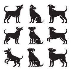 Set of 15 Dog Silhouettes in Black Vector Art Style