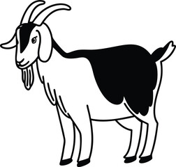 Cute Black and White Goat Illustration with Simple Line Art Style

