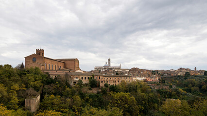 The ancient walls, the tower and the church of the City of Siena seen from afar. Italy