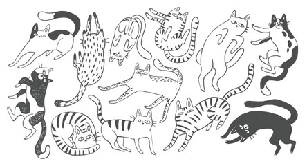 Doodle outline quirky cats hand drawn illustration, whimsical black ink cats print, cartoon pet line art
