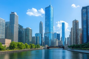 Obraz premium Chicago cityscape skyline view of buildings and river urban landscape