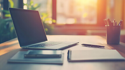 Naklejka premium Warm Workspace Setup with Laptop and Stationery on Wooden Desk near Window with Natural Sunlight Creates an Inviting and Productive Atmosphere