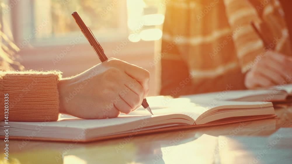 Poster sunlight illuminates a woman's hands as she writes in a notebook, captured in a slow motion montage,