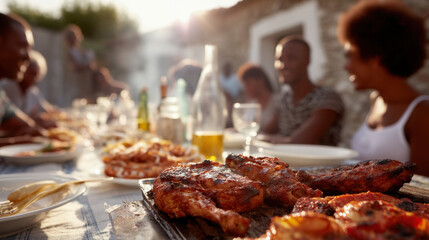 Diverse group enjoying outdoor barbecue with grilled meat in warm sunlight