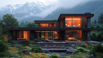 Luxurious Modern Home Design With Mountain View Landscape Photo
