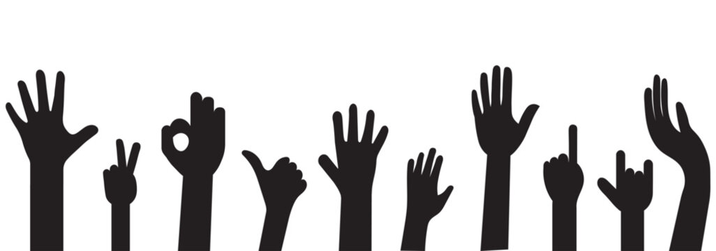 Set of raise hand silhouette icon. hand reaching silhouette, raised hands, unity, crowd, celebration. Hand gestures silhouettes collection. Set of different hand gestures.