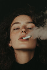 Portrait of a woman smoking a cigarette with moody aesthetic