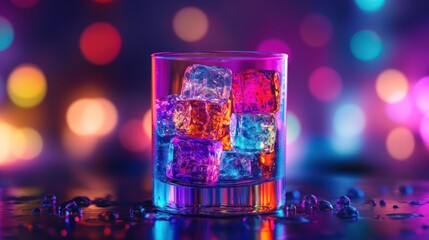 Neon-lit ice cubes in a glass at a bar