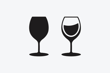Modern Elegant Wine Glass Icons, Minimalist Black Silhouette And Outline Set