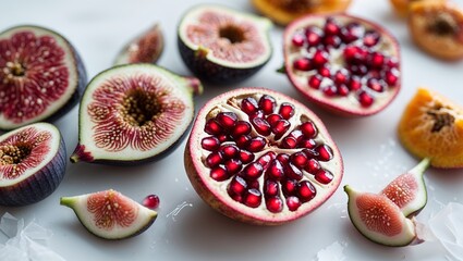 Fresh Slices of Fig, Papaya, and Pomegranate on White

