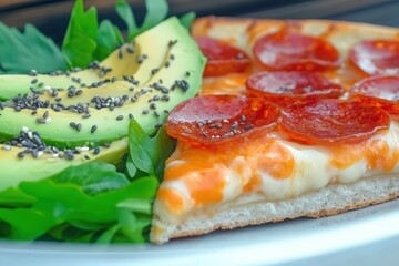 Delicious pepperoni pizza slice served with fresh salad and avocado Generative AI