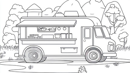 Coloring page food truck countryside landscape