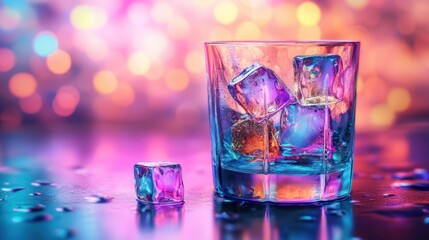 Colorful cocktail glass with ice, party lights background