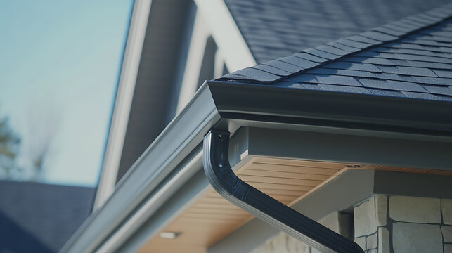 Roofing contractor installing new gutters on house. Featuring gutter installation