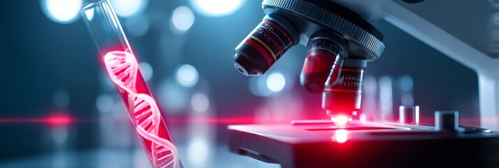 Genetic Research and Microscopy - A microscope lens focuses on a test tube containing a glowing DNA strand, symbolizing scientific breakthroughs in genetic research