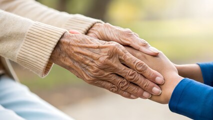 A compassionate female nurse holds the hand of an elderly woman, offering comfort and encouragement. Symbolizing trust and attentive care in nursing homes, the caregiver supports the senior while prov