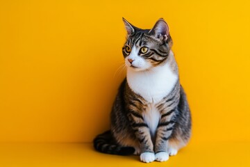 Obraz premium A calm tabby cat sits quietly against a vibrant yellow backdrop, showcasing its beautiful coat and attentive expression. The scene captures a serene moment of feline tranquility
