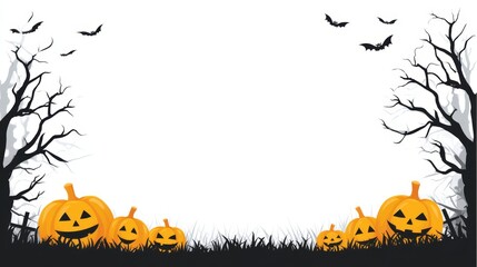 Halloween Pumpkin Patch Scene - Spooky Halloween scene with jack-o'-lanterns in a field, silhouetted trees, and bats flying overhead. Perfect for Halloween greeting cards or invitations