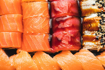 Set of sushi rolls with shrimp, salmon, tuna