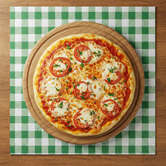 pizza background. round cutting board over green checkered tablecloths on the table, top view, hd