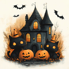 A cute haunted house filled with smiling bats