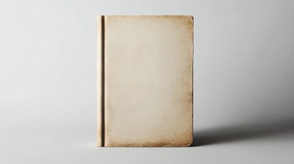 Old beige hardcover book with worn edges on light background, top view.