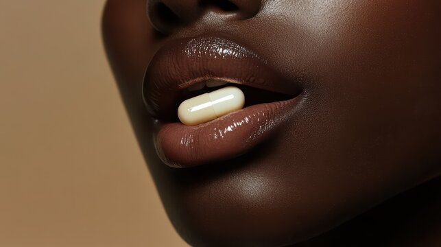  Woman holding a capsule gently between her lips