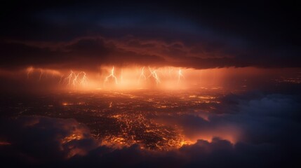 Dramatic Aerial View of Lightning Over a City with Fiery Clouds and a Dark Sky