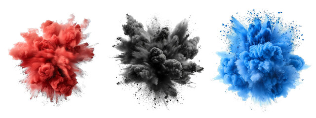 Set of colorful powder explosion burst isolated on transparent background, vibrant color dust cloud for festival, Holi celebration, or creative design
