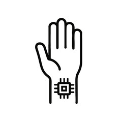Obraz premium Minimal black line icon of human hand with microchip implant symbolizing biohacking, wearable technology, and human augmentation