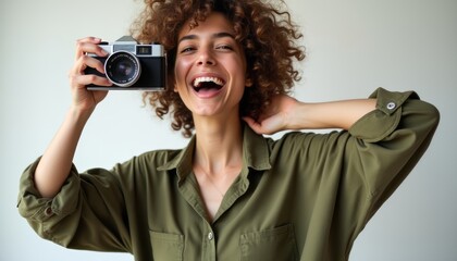 A cheerful young woman with curly hair beams as she holds a classic camera, embodying the spirit of creativity and joy. Her vibrant smile and relaxed pose invite viewers to share in her passion for
