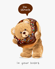 cute bear doll head struck in chocolate donut vector illustration created by hand drawn