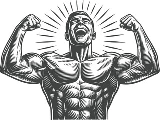 Obraz premium Black and white engraving of a muscular bodybuilder flexing with exaggerated muscles and laughing expression