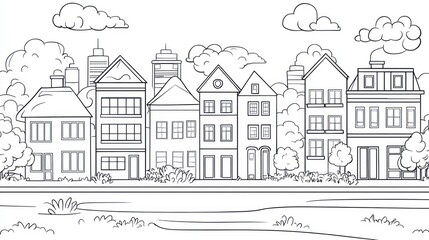 Cityscape drawing, houses, street, clouds, illustration, coloring book, kids, black and white