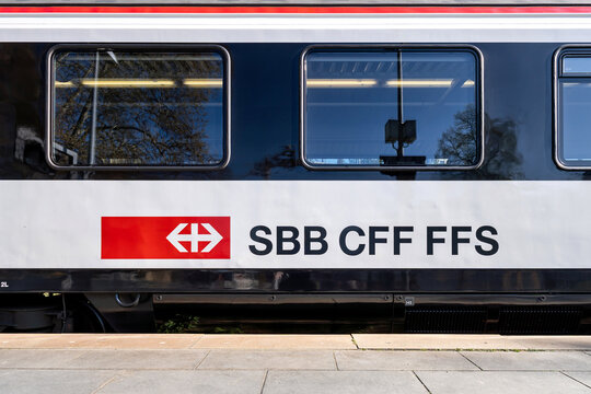 Cologne, Germany - April 5, 2025: SBB Swiss Federal Railways logo at EuroCity train